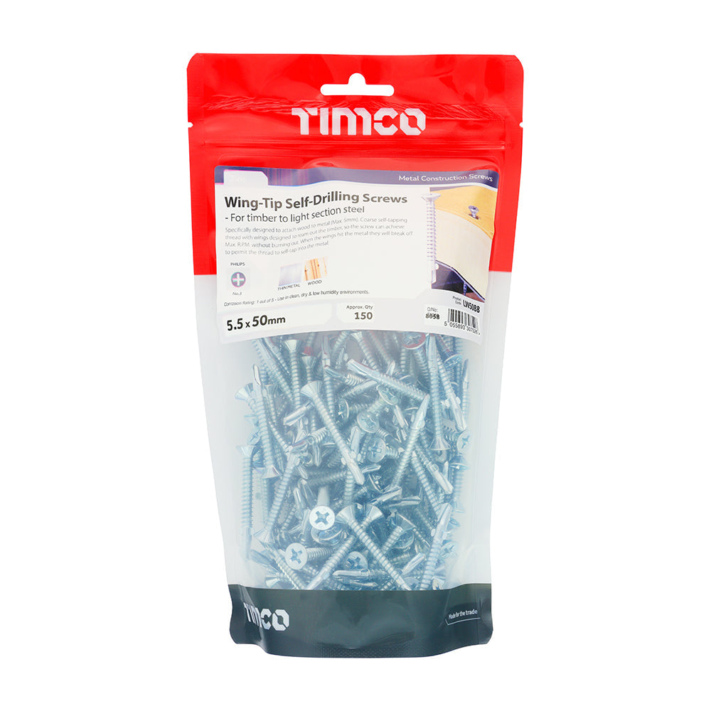 TIMCO Metal Construction Timber to Light Section Screws, Countersunk, Wing-Tip, Self-Drilling, Zinc, 5.5 x 50, Pack of 150