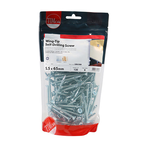 TIMCO Metal Construction Timber to Light Section Screws, Countersunk, Wing-Tip, Self-Drilling, Zinc, 5.5 x 65, Pack of 120