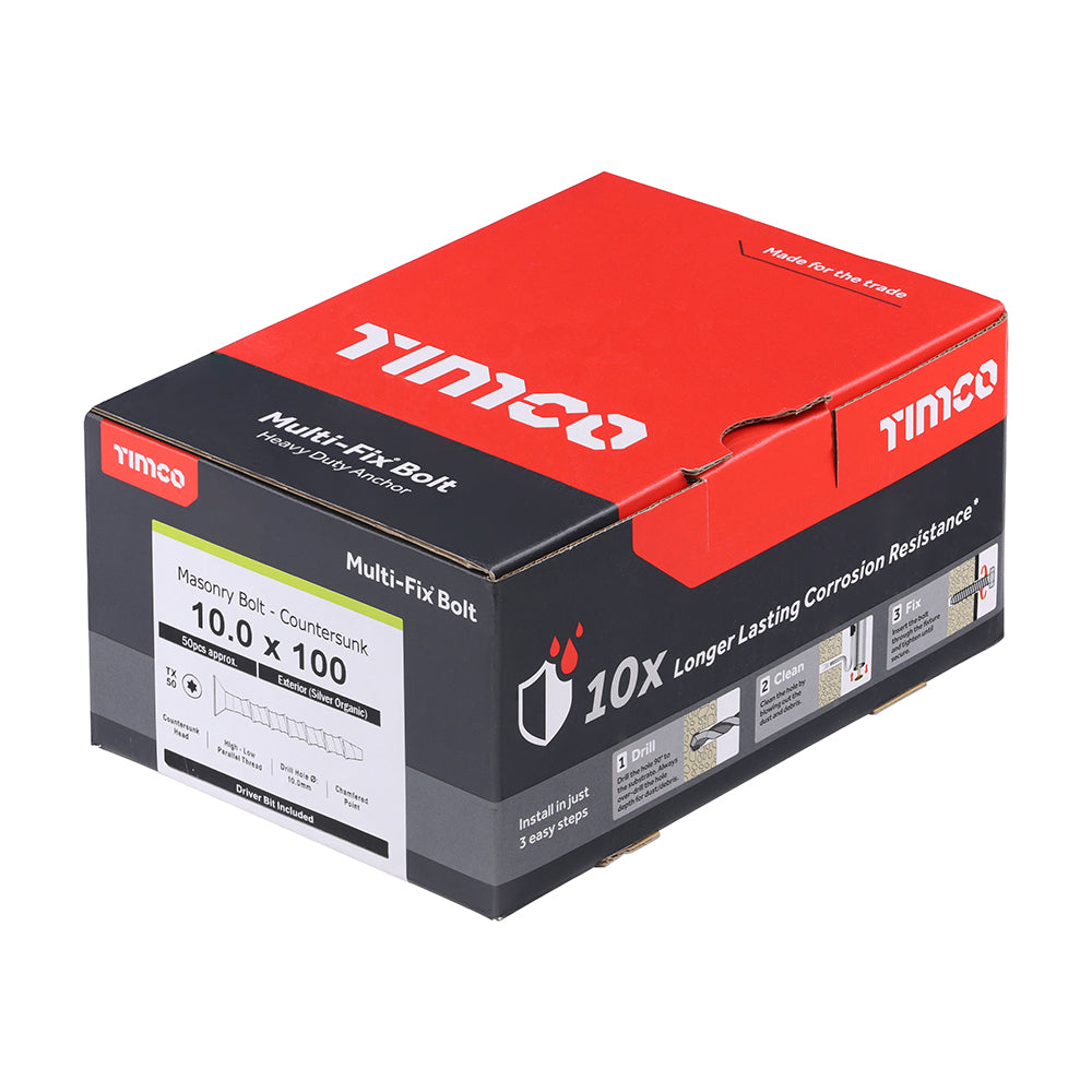 TIMCO Multi-Fix Masonry Bolts, Countersunk, Exterior, Silver, 10.0 x 100/M12, Box of 50