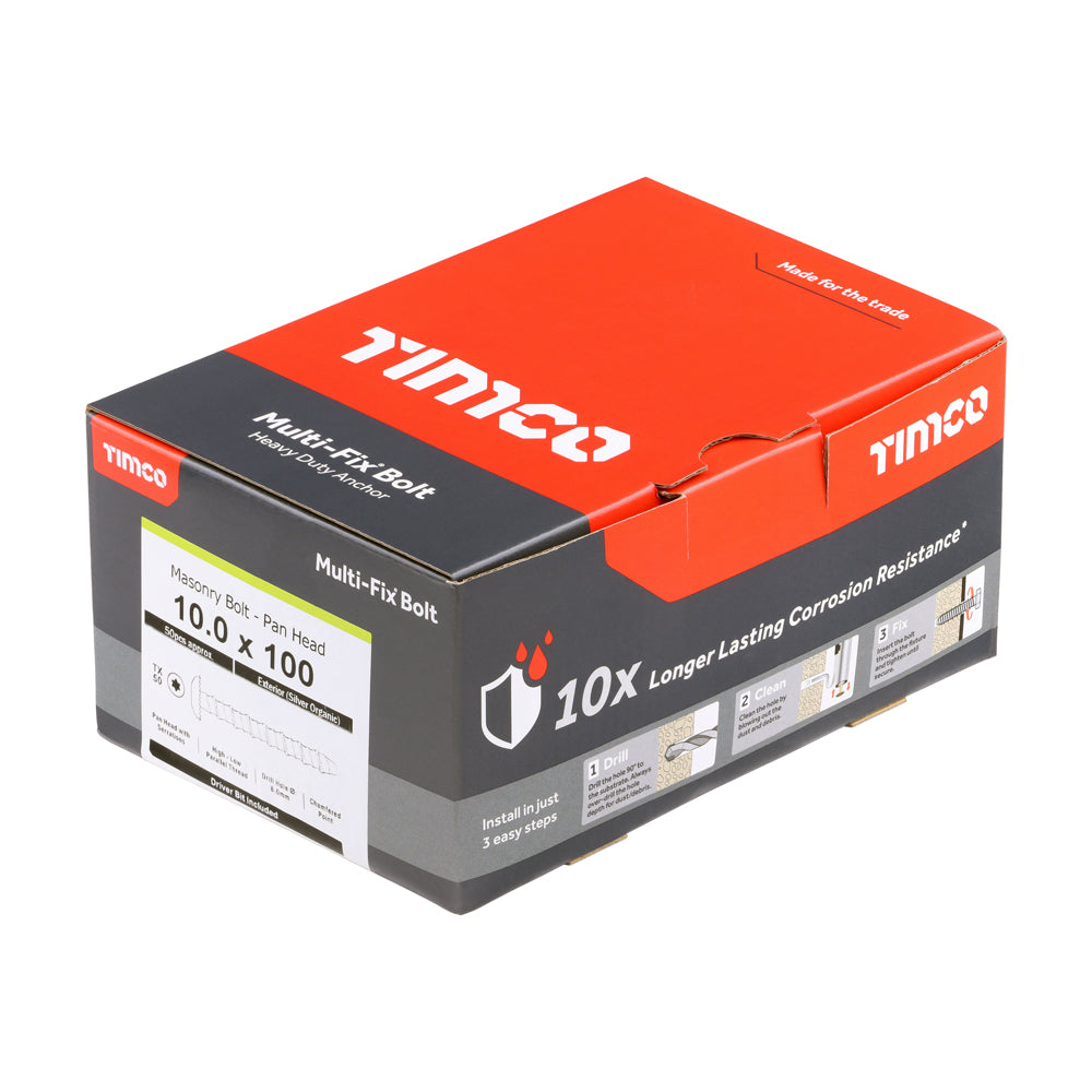 TIMCO Multi-Fix Masonry Bolts, Pan, Exterior, Silver, 10.0 x 100/M12, Box of 50