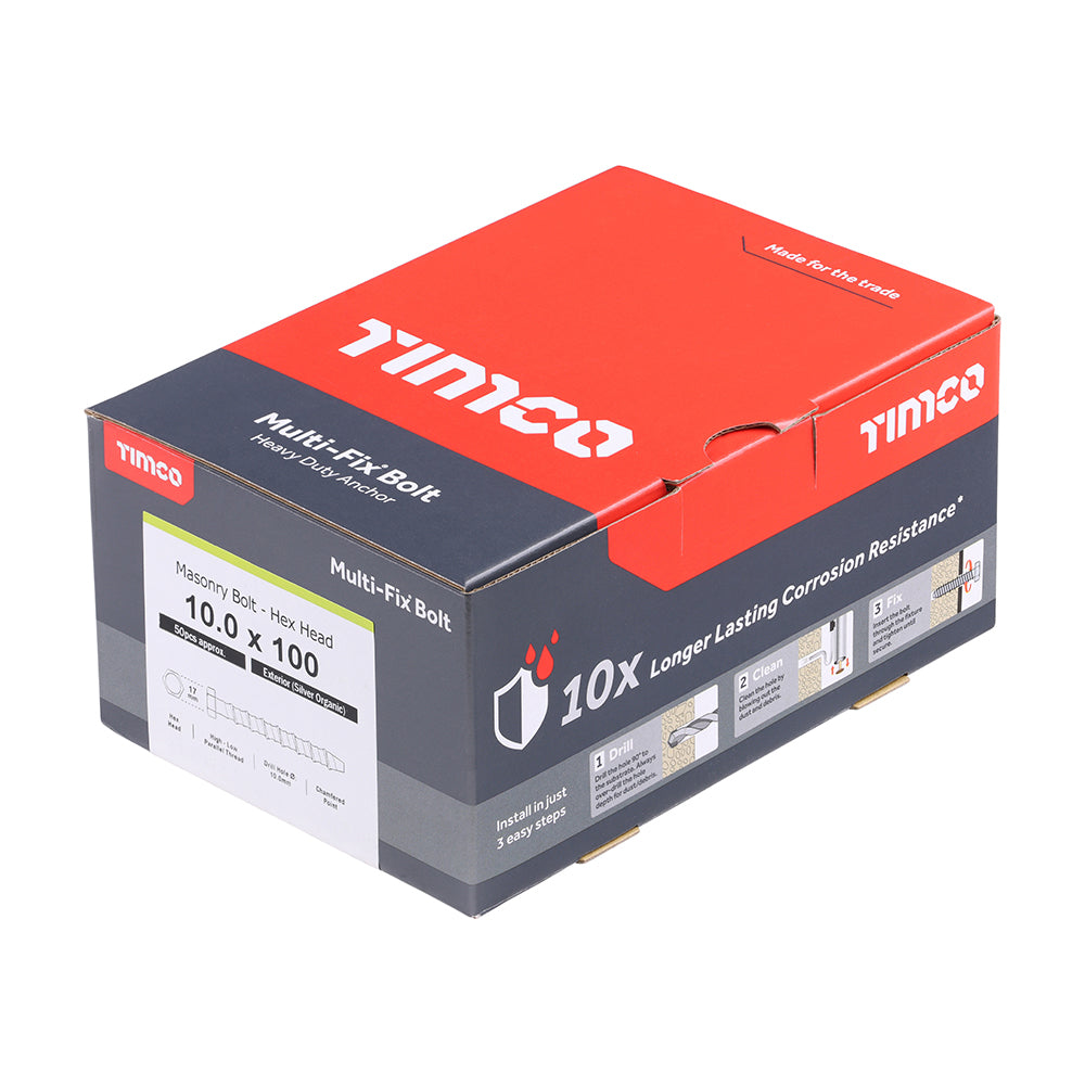 TIMCO Multi-Fix Masonry Bolts, Hex, Exterior, Silver, 10.0 x 100, Box of 50