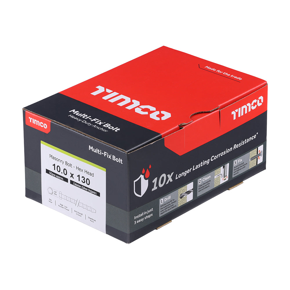 TIMCO Multi-Fix Masonry Bolts, Hex, Exterior, Silver, 10.0 x 130, Box of 50