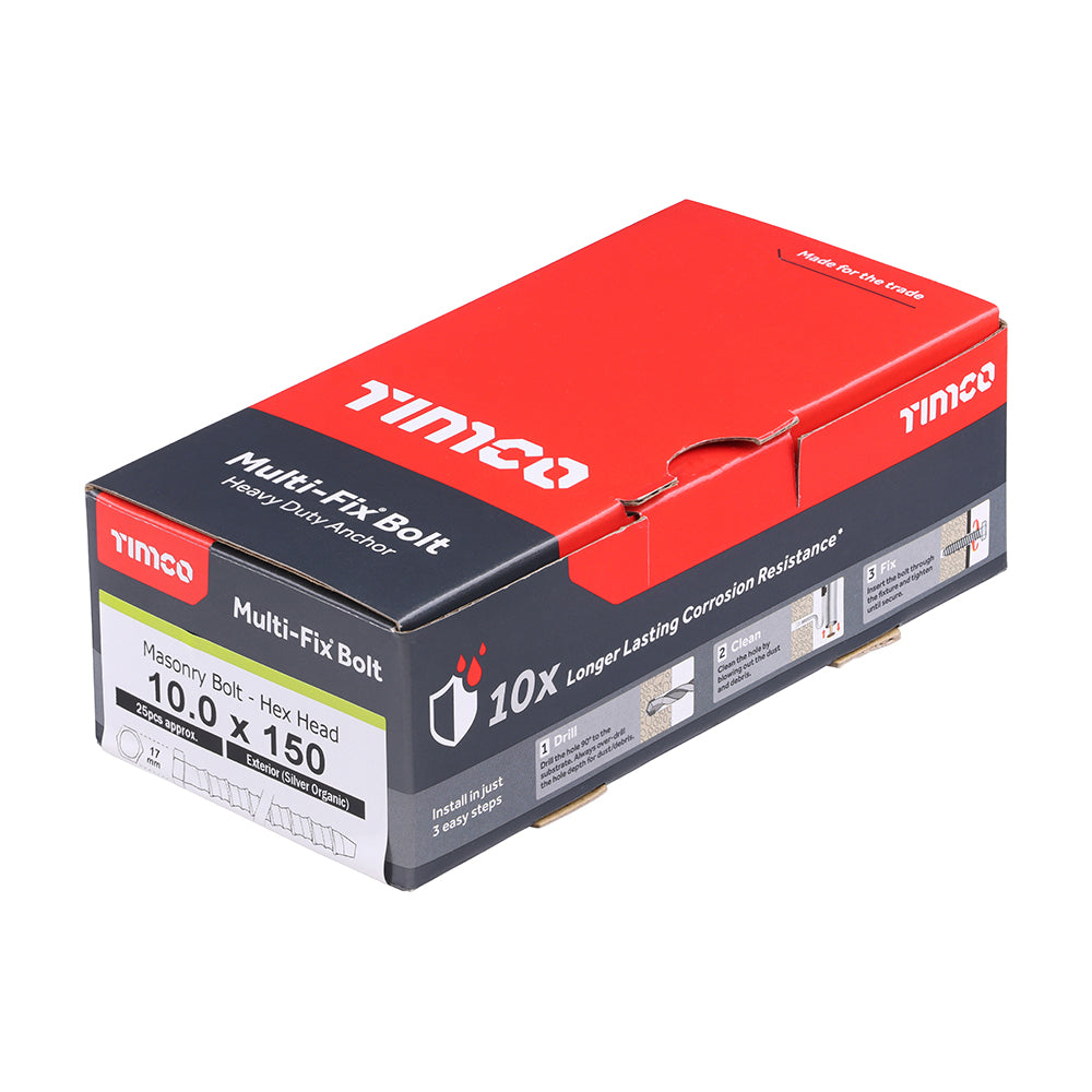 TIMCO Multi-Fix Masonry Bolts, Hex, Exterior, Silver, 10.0 x 150, Box of 25