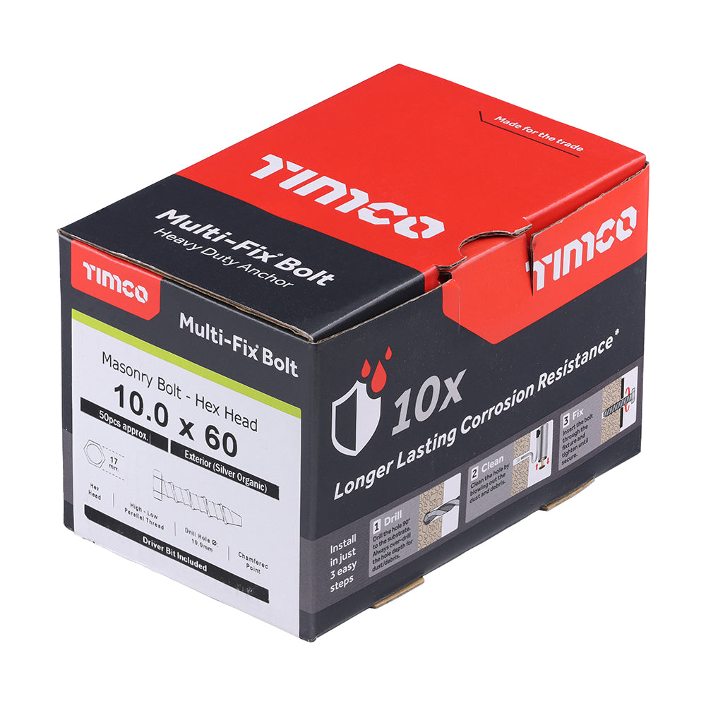 TIMCO Multi-Fix Masonry Bolts, Hex, Exterior, Silver, 10.0 x 60, Box of 50