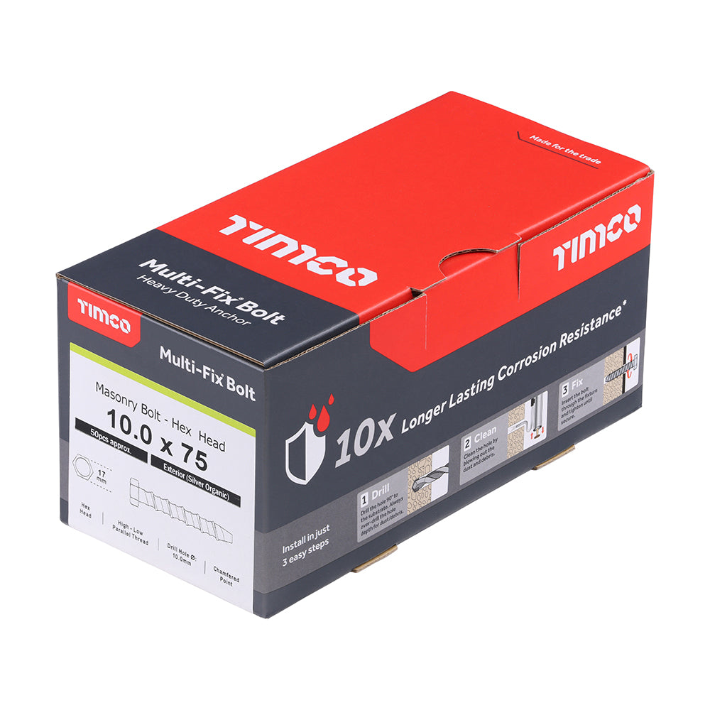 TIMCO Multi-Fix Masonry Bolts, Hex, Exterior, Silver, 10.0 x 75, Box of 50