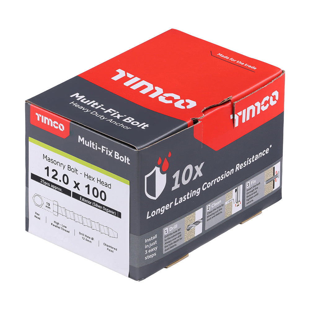 TIMCO Multi-Fix Masonry Bolts, Hex, Exterior, Silver, 12.0 x 100, Box of 25