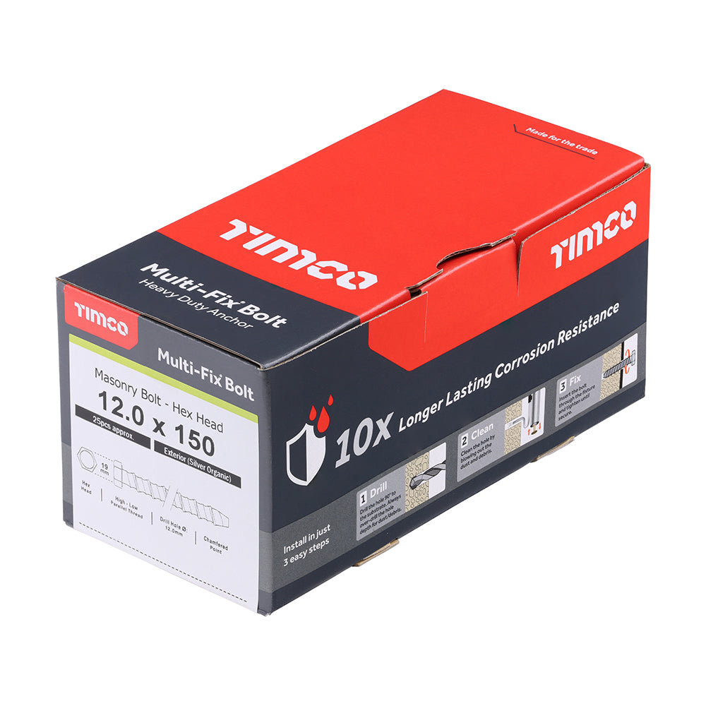 TIMCO Multi-Fix Masonry Bolts, Hex, Exterior, Silver, 12.0 x 150, Box of 25