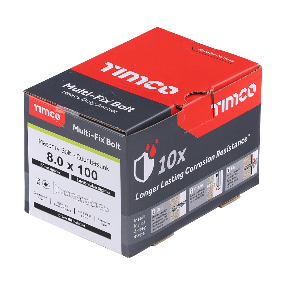 TIMCO Multi-Fix Masonry Bolts, Countersunk, Exterior, Silver, 8.0 x 100/M10, Box of 50