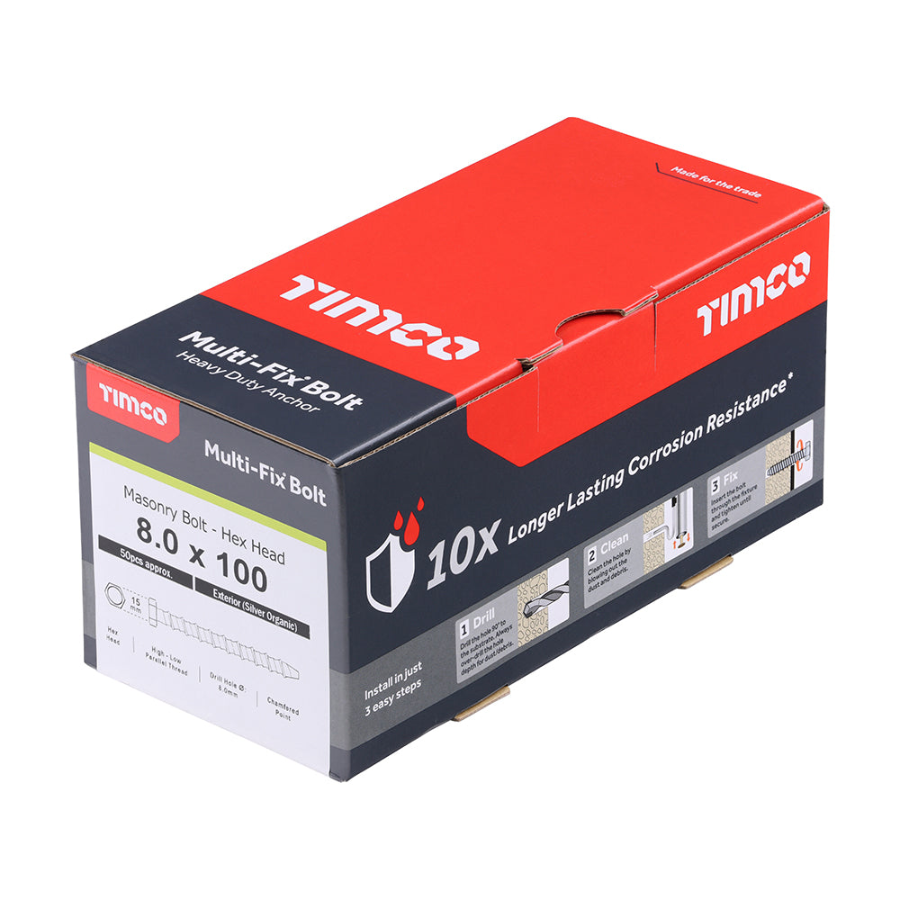 TIMCO Multi-Fix Masonry Bolts, Hex, Exterior, Silver, 8.0 x 100, Box of 50