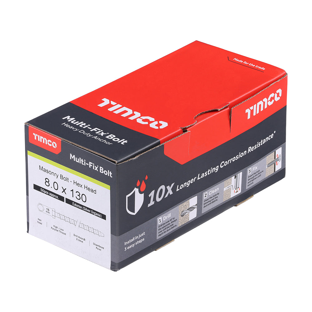 TIMCO Multi-Fix Masonry Bolts, Hex, Exterior, Silver, 8.0 x 130, Box of 50