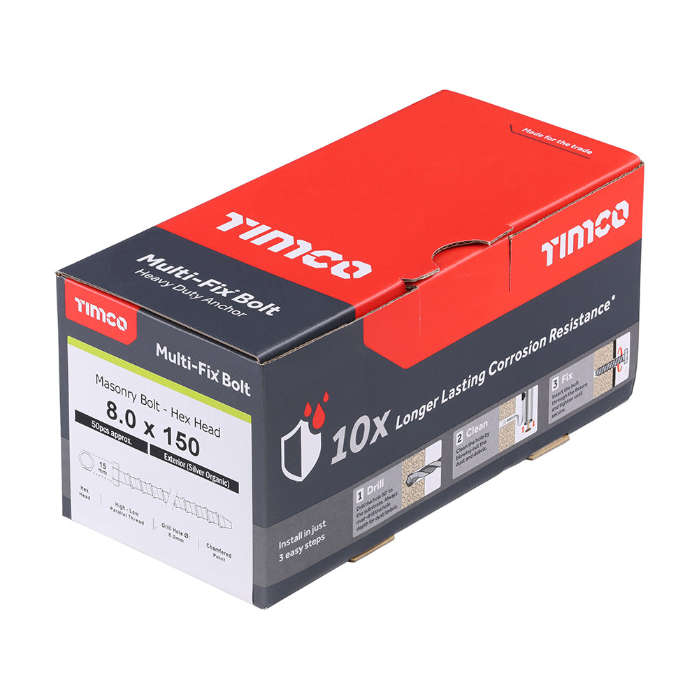 TIMCO Multi-Fix Masonry Bolts, Hex, Exterior, Silver, 8.0 x 150, Box of 50