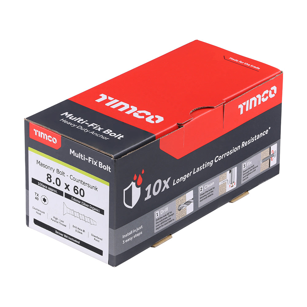 TIMCO Multi-Fix Masonry Bolts, Countersunk, Exterior, Silver, 8.0 x 60/M10, Box of 100