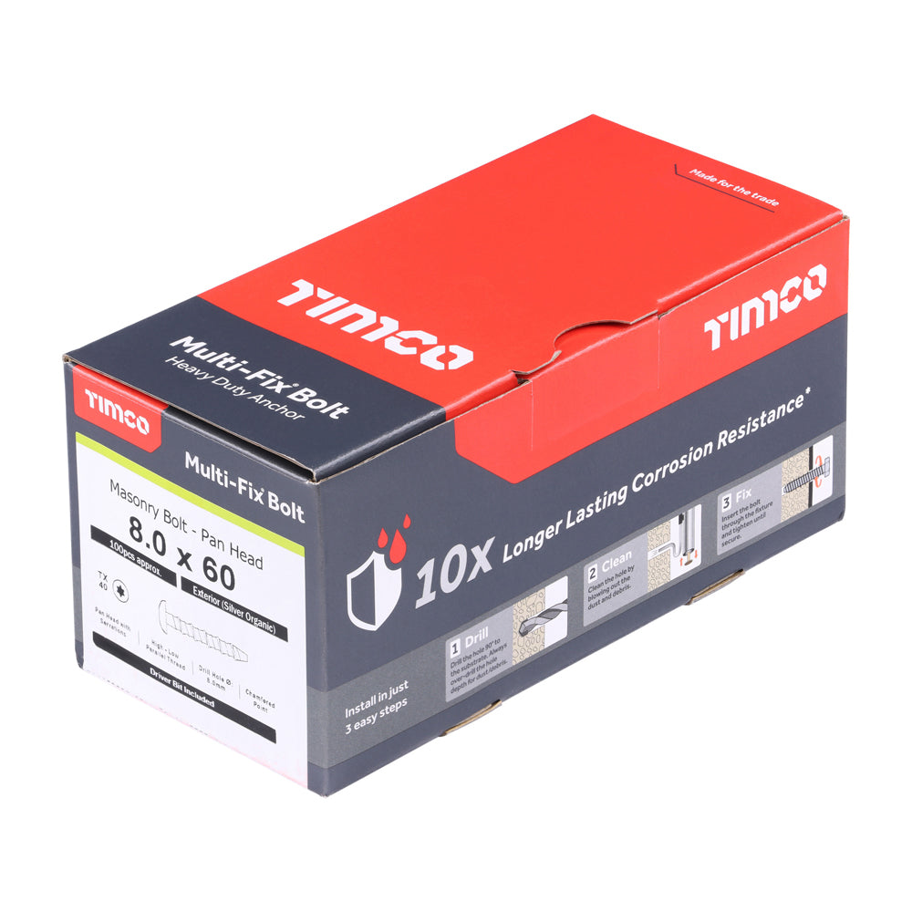 TIMCO Multi-Fix Masonry Bolts, Pan, Exterior, Silver, 8.0 x 60/M10, Box of 100