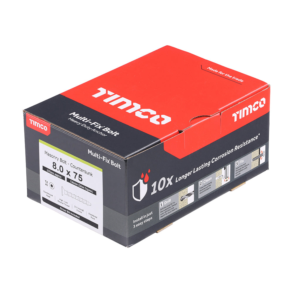 TIMCO Multi-Fix Masonry Bolts, Countersunk, Exterior, Silver, 8.0 x 75/M10, Box of 100