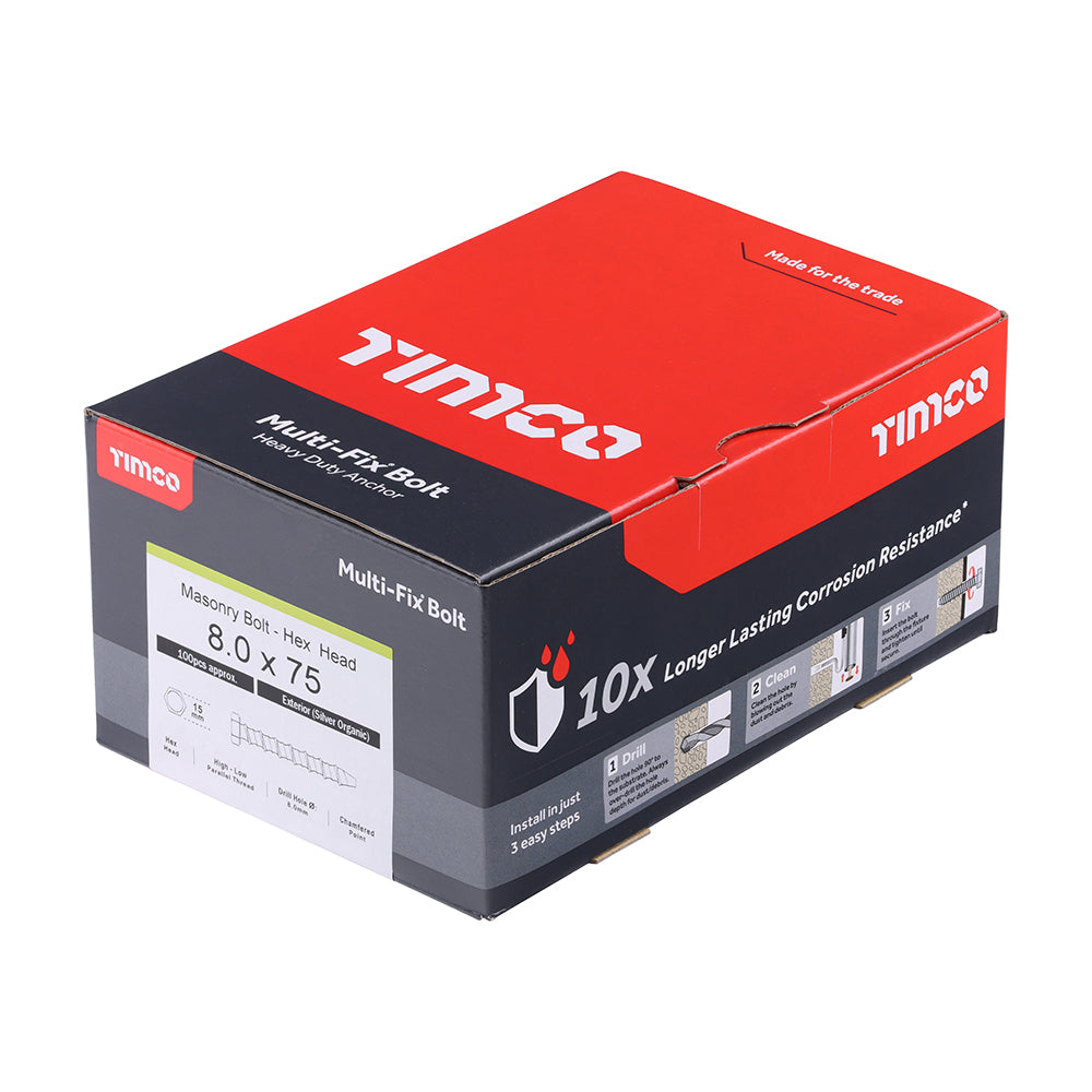 TIMCO Multi-Fix Masonry Bolts, Hex, Exterior, Silver, 8.0 x 75, Box of 100