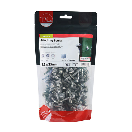 TIMCO Metal Construction Stitching Screws, For Sheet to Sheet, Hex, EPDM Washer, Self-Drilling, Exterior, Silver Organic, 6.3 x 25, Pack of 120